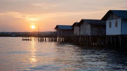 Obraz premium Sunrise paints rustic stilt houses in golden hues, echoing serene coastal whispers of Hari Raya Aidilfitri or Malam Satu Suro