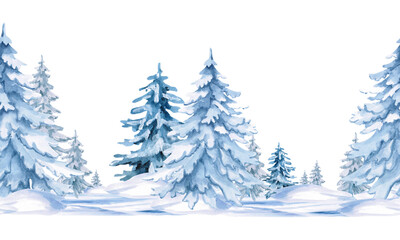 A seamless border of snow-covered Christmas trees. Isolated watercolor illustration for New Year's and Christmas interiors, greeting cards, and printing on home textiles and clothing.