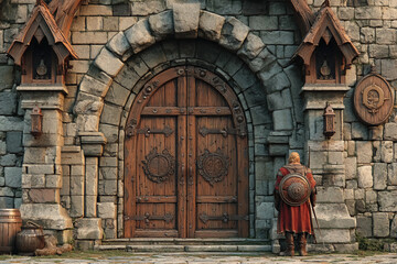 Medieval castle gate with guard standing watch near ancient wooden door and stone wall