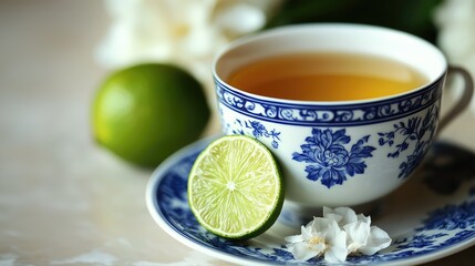 A delicate blue and white teacup filled with jasmine tea and a slice of lime.