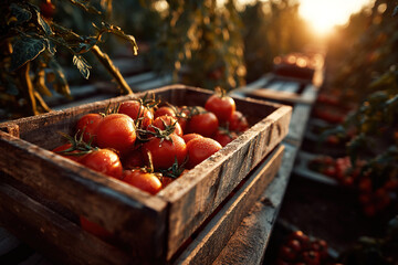 Fresh tomatoes in a wooden box on a sunlit farm with lush fields in the background