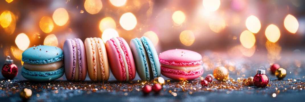 Macro shot of holiday desserts in Christmas coffee shop, sparkling sugar cookies and colorful macarons on festive table with blurred glowing lights, cozy seasonal background with copy space