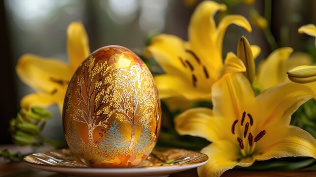 A delicate golden Easter egg with autumn trees on its surface, placed on a saucer, with yellow lilies creating a cheerful atmosphere in the background.