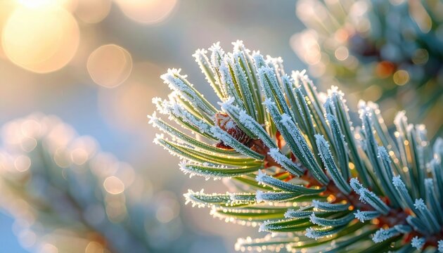Close up of a frosty pine branch with soft golden sunlight in the background winter nature scene