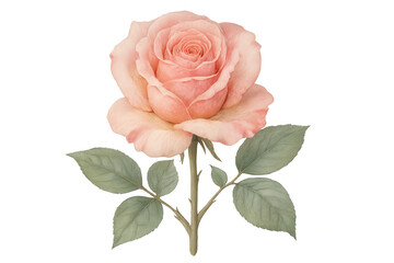 Naklejka premium Pink peach rose with green leaves, watercolor botanical flower illustration, transparent background