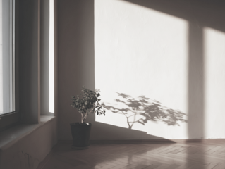 Interior scene showing a potted plant and its shadow cast across a wall by sunlight