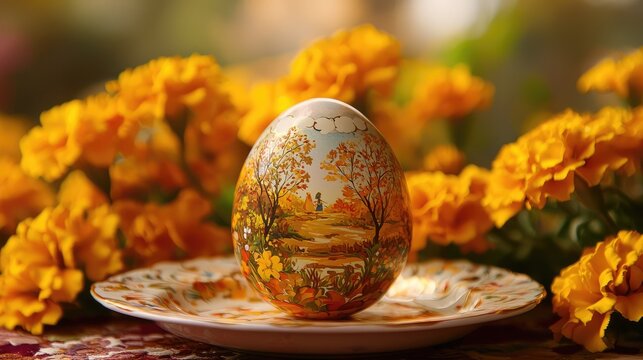 A delicate painted golden Easter egg with an autumn tree scene, resting on a saucer with a vivid display of yellow marigolds in the background.