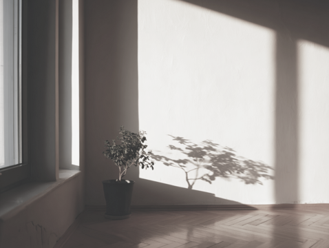 Interior scene showing a potted plant and its shadow cast across a wall by sunlight