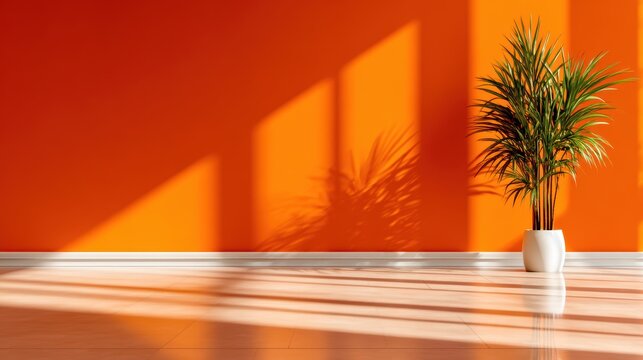 A bright orange wall complements a lone potted plant, while intriguing shadows dance across the floor, showcasing a vibrant and modern aesthetic that energizes the room.