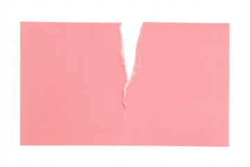 Pink paper torn in half, creating two separated sheets with a rough, distressed rip, transparent background
