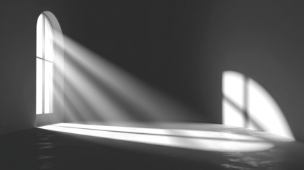 Interior scene with light streaming through arched window, creating shadows