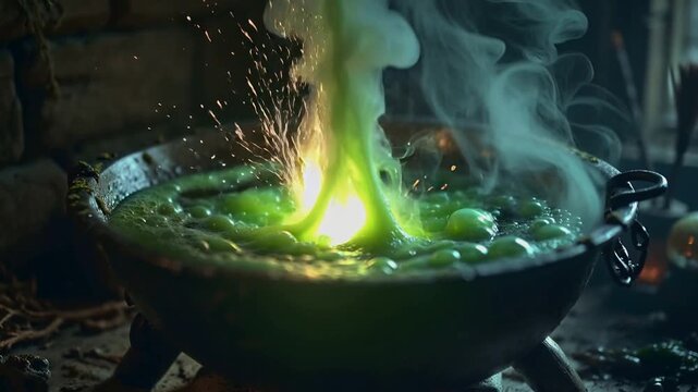 Heating wood fire under iron cauldron causing green potion bubbling on hearth, with golden sparks