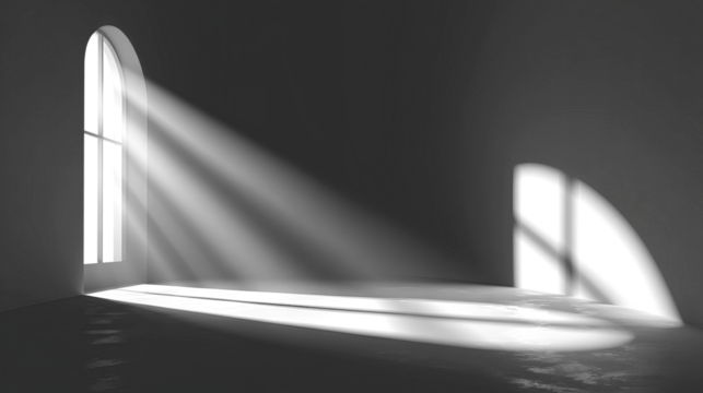 Interior scene with light streaming through arched window, creating shadows