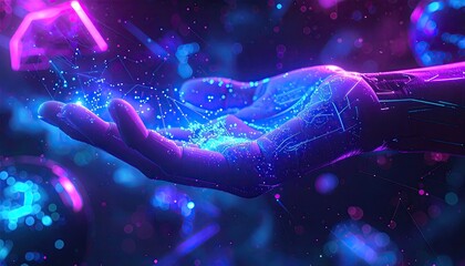 Close Up Of A Hand Holding Glowing Blue And Purple Digital Particles And Data Streams In The Dark Representing Technology And Information Transfer