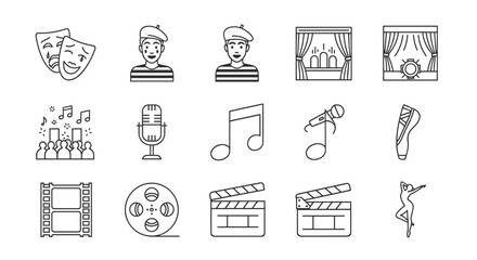 Arts and entertainment line icon set. Vector symbols for performance, theater, cinema, music, and dance. Includes masks, mime, stage, microphone, film reel, and ballet.