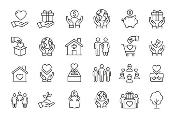 Charity and donation outline icons. Symbols of giving, love, help, and support. Includes concepts for fundraising, community, volunteering, humanitarian aid, and healthcare.