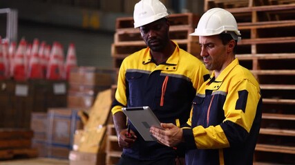 Two man working. Warehouse worker inventory in warehouse for inspection stock or quality control. E-Commerce Goods at Logistics Warehouse factory. warehouse interior with shelves, pallets and boxes - Powered by Adobe