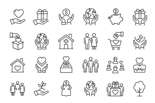 Charity and donation outline icons. Symbols of giving, love, help, and support. Includes concepts for fundraising, community, volunteering, humanitarian aid, and healthcare.