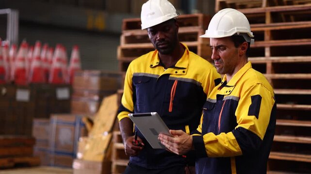 Two man working. Warehouse worker inventory in warehouse for inspection stock or quality control. E-Commerce Goods at Logistics Warehouse factory. warehouse interior with shelves, pallets and boxes