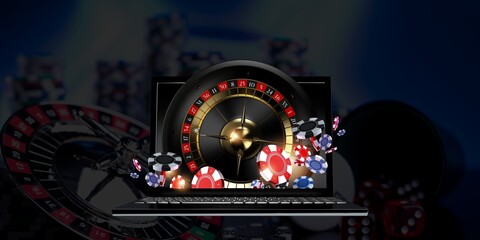 Digital illustration, banner, online casino background: laptop with roulette wheel, chips, and dice on a dark, blurred background with roulette wheel, chips, and dice with copy space. Modern gambling
