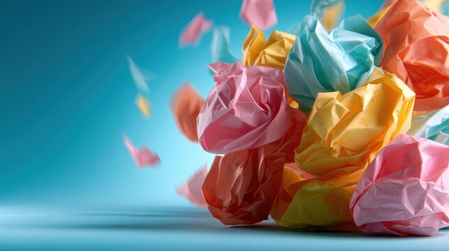 An explosion of color with crumpled paper in vibrant hues, representing creativity and artistic expression, illustrating movement and dynamism in a playful composition.