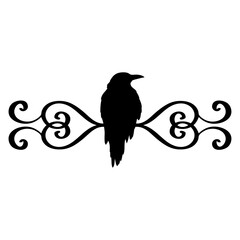 Fototapeta premium Logo con silueta de cuervo negro con filigrana caligráfica. Silueta con florituras para su uso en tarjetas y felicitaciones de Halloween