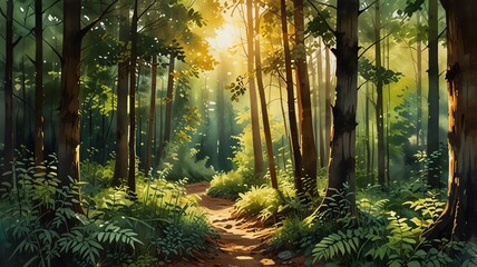 Sunlit forest path winding through lush green trees and foliage.