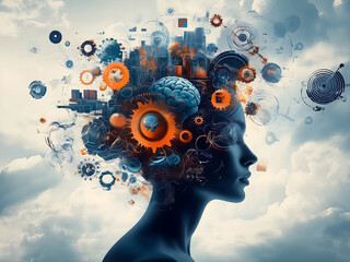 Overthinking, restlessness and burnout. Modern, conceptual illustration of a female figure overwhelmed by intrusive thoughts, emotional stress, anxiety, mental overload and psychological struggle.