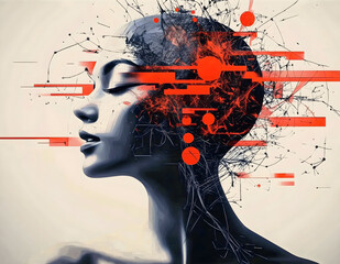 Overthinking, restlessness and burnout. Modern, conceptual illustration of a female figure overwhelmed by intrusive thoughts, emotional stress, anxiety, mental overload and psychological struggle.