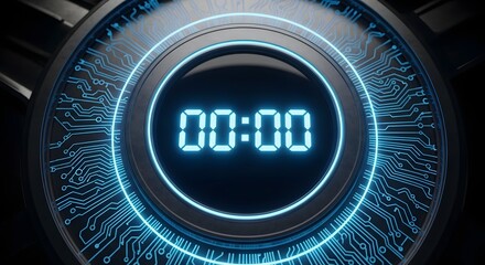Close-up of a futuristic digital timer displaying zero, surrounded by glowing blue circuit patterns and metallic elements.