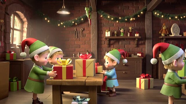 Santa Claus nodding, encouraging elves wrapping gifts at wooden worktable, preparing holiday gifts