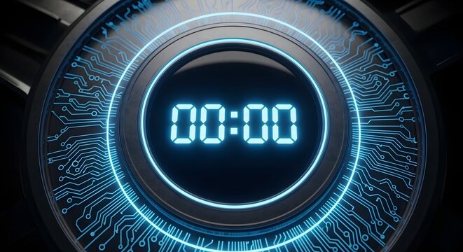 Close-up of a futuristic digital timer displaying zero, surrounded by glowing blue circuit patterns and metallic elements. - Powered by Adobe