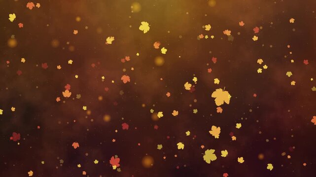 Autumn leaves falling on golden brown background, yellow and orange leaf shapes drifting downward, seasonal video perfect for fall themed projects