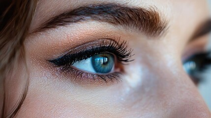 Obraz premium A detailed shot of the woman's eye makeup as she looks in the mirror.