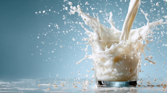 An exhilarating splash of milk erupts from a glass against a soft blue background, representing freshness and the excitement of dynamic motion in food photography.