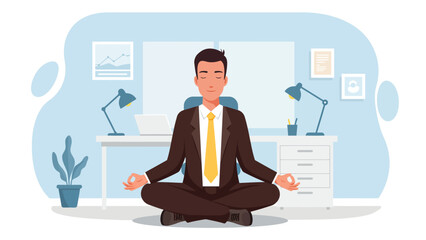 Businessman meditating in a lotus pose at his modern office workplace for stress relief and mindfulness.