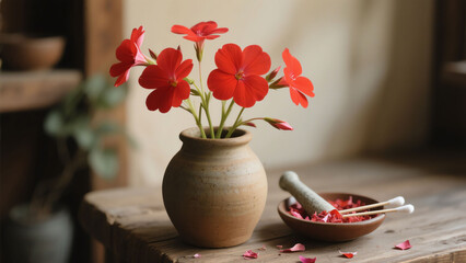 Red Flowers in a Clay Vase