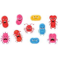 Illustration of various cartoon bacteria and germs with angry facial expressions, isolated on white background.