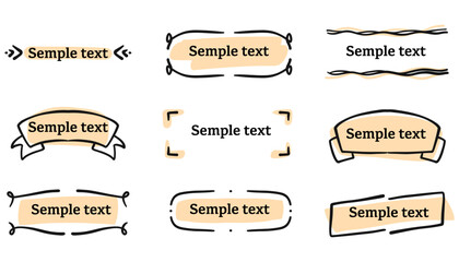 Vector set of hand drawn banners and frames. Includes doodle tags, brush stroke highlights, and rustic ornaments. Ideal for text decoration, headlines, badges, invitations, and graphic projects.