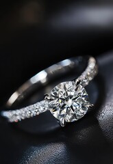 Fototapeta premium A diamond engagement ring with a cathedral setting, showcasing the brilliance of the center diamond. Stock