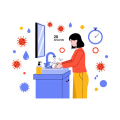 Woman washing hands with soap and water, surrounded by viruses