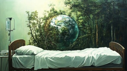 planet Earth on a bed, alluding to the fact that deforestation contaminates the planet generative ai