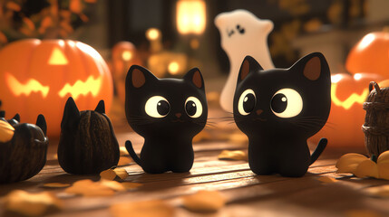 Cute Black Cat and Ghost with Pumpkins in Autumn Fall Scene for Halloween