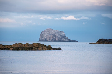 Bass Rock in Firth of Forth, Scotland. A volcanic island known for its gannet colony and historical...