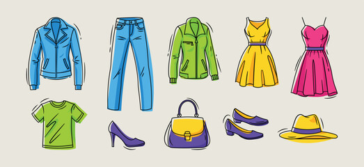 Hand drawn Colorful fashion design illustration with dresses, jackets, jeans, shoes, and accessories. Trendy clothing set ideal for online store banners, e-commerce ads