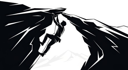A dramatic black and white graphic illustration of a person rock climbing up a steep mountain face, showing determination and adventure.