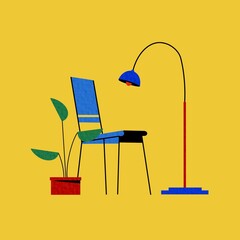 Hand drawn chair furniture in colorful flat graphic style On yellow background.