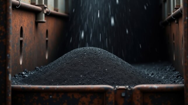 Carb&oacute;n negro vertido en la bodega de un buque de carga seca a granel. El carb&oacute;n se ve n&iacute;tidamente enfocado, la estructura del buque se ve ligeramente borrosa