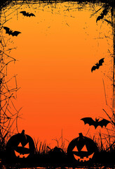 Halloween Spooky Silhouette Scene with Bats, Bare Trees and Haunted Castles
