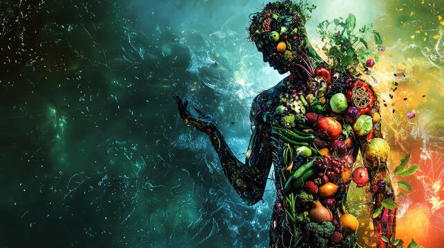A digital artwork of a male figure whose body is composed entirely of fruits, vegetables, and roots, glowing with internal energy from plant-based nourishment.